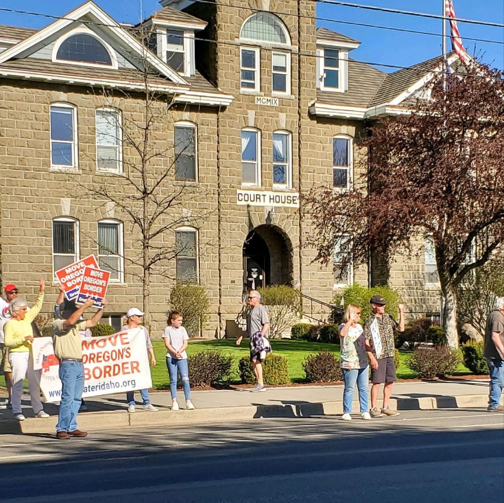 A Greater Idaho counter-protest had twice the adult attendance of the anti-Idaho protest four days before the May 16, 2023 Wallowa County election on a Greater Idaho ballot measure. City of Enterpise, Oregon.