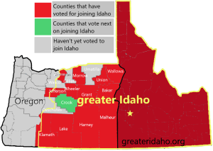 Phase 1 of the Greater Idaho proposal, with election results as of May 2023