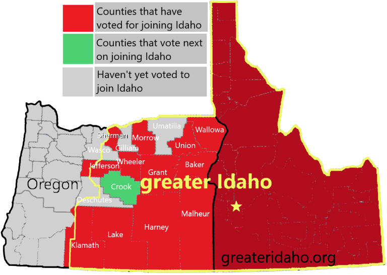 Phase 1 of the Greater Idaho proposal, with election results as of May 2023